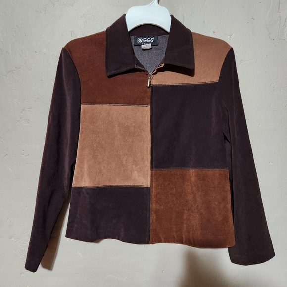 BRIGGS PETITE WOMEN'S 6 P Brown Tan Patchwork Blazer Zip Jacket - Picture 3 of 4